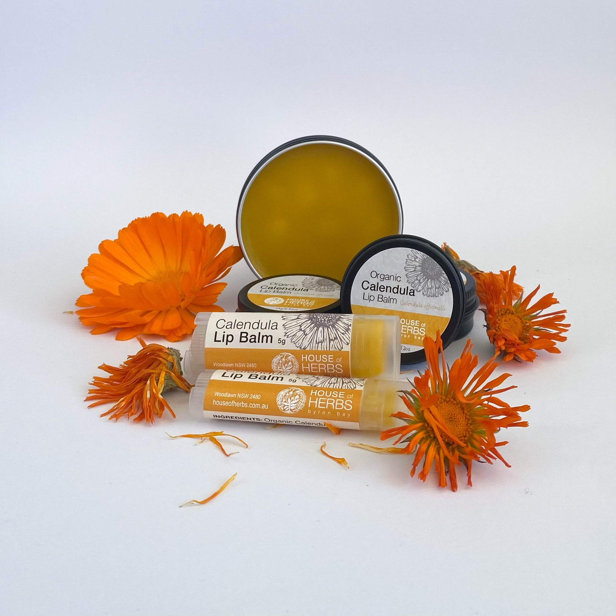 Calendula lip balm with packaging and flowers on a white background