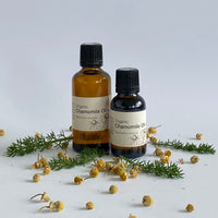 Two bottles of Organic Chamomile Oil with dried chamomile flowers on a light background