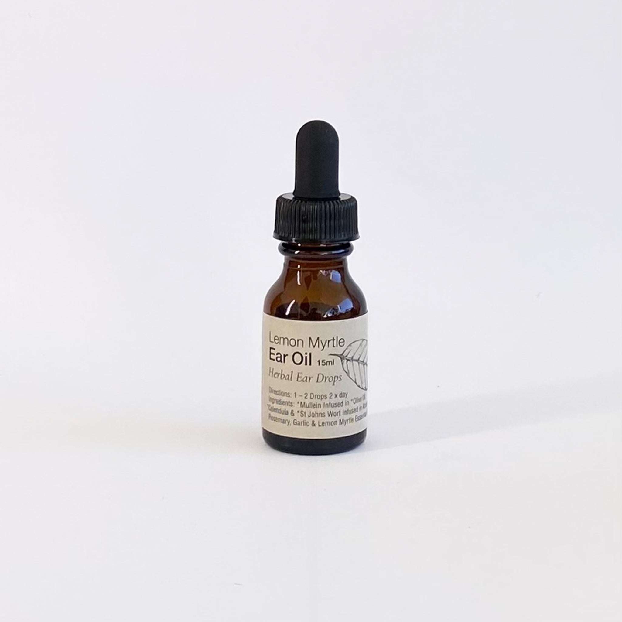 Bottle of Lemon Myrtle Ear Oil on a white background